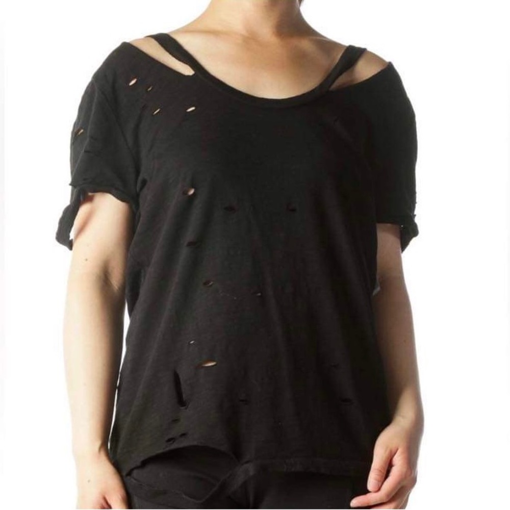 LALA ANTHONY Black Distressed Short Sleeve Tee Shirt